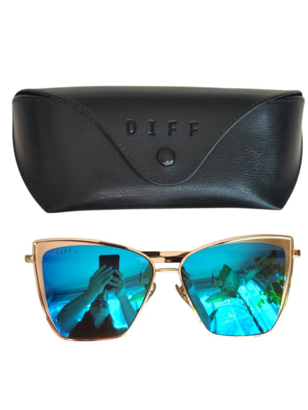 DIFF Eyewear Becky Gold Frame Blue Mirrored Oversized Cat Eye Sunglasses GD-BU18